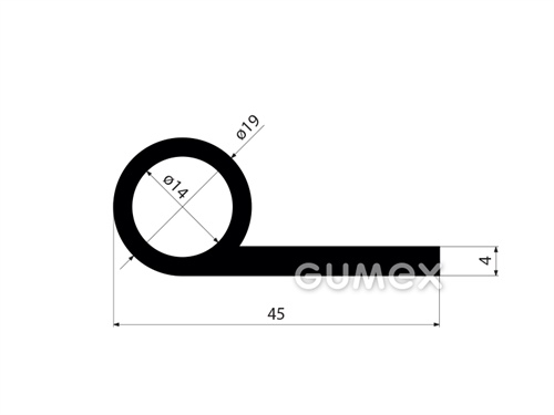 Gumový profil tvaru "P" s dutinkou, 45x19/4mm, 60°ShA, NBR, -40°C/+70°C, čierny